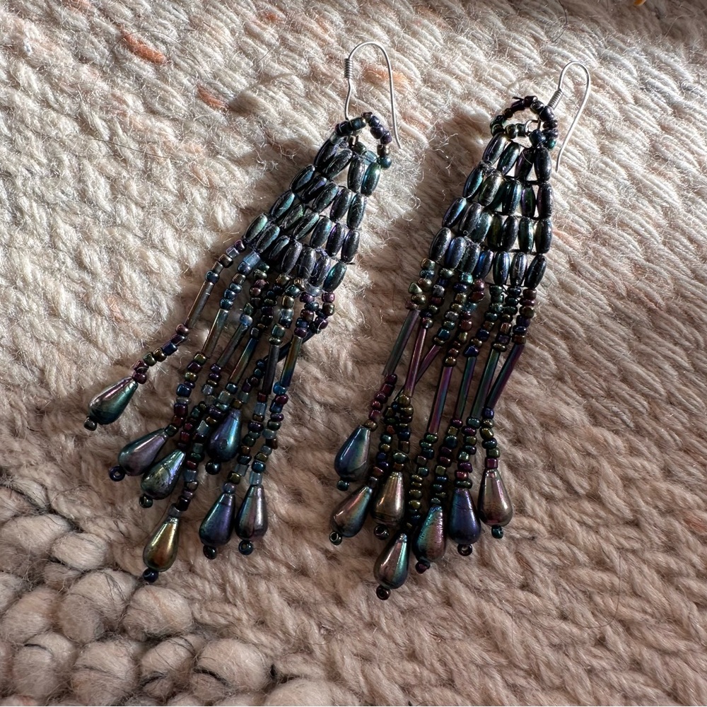 Black Beaded Chandelier Earrings with Intricate Design